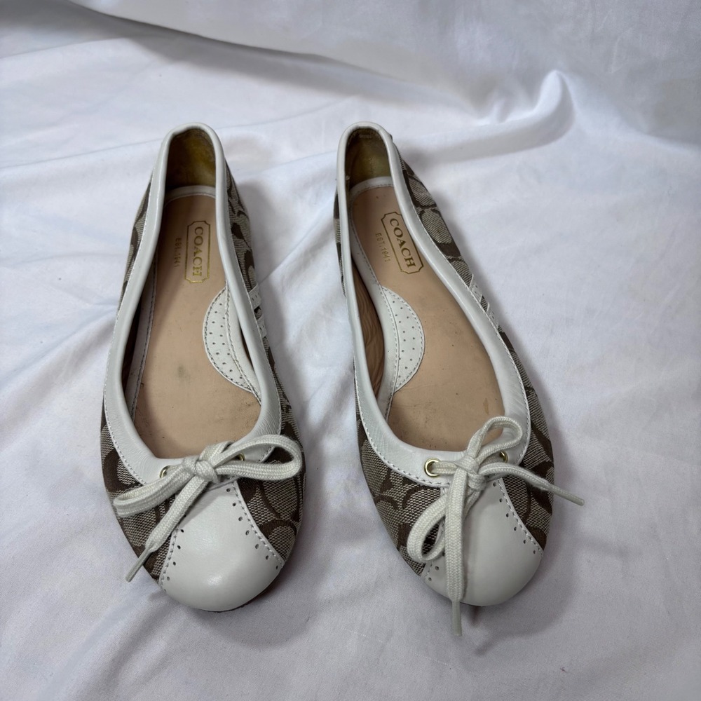 Coach Jana Ballet Flats Womens 6.5 Brown White Signature Monogram Bow SlipOn - Picture 6 of 9